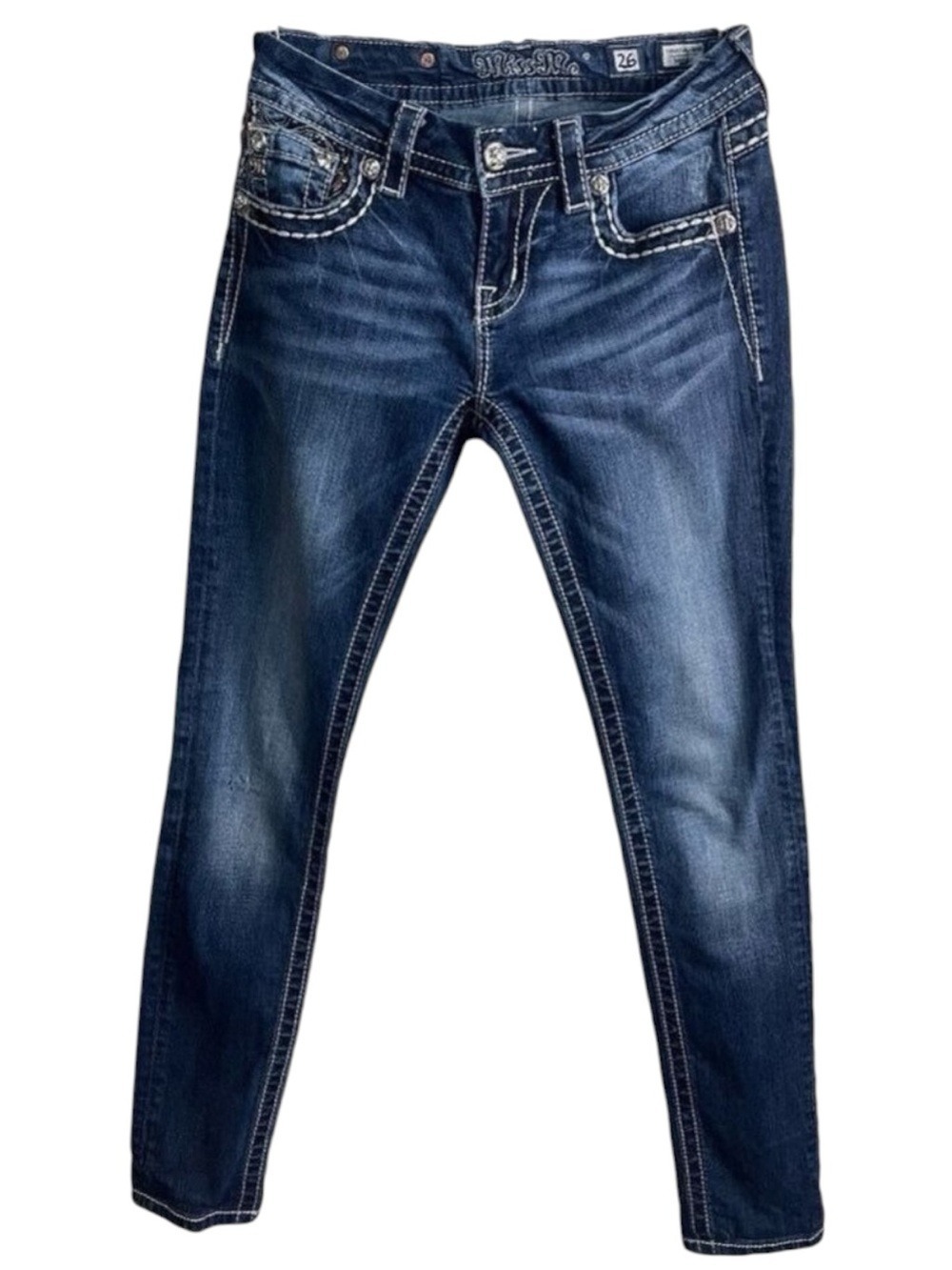 Miss Me Women's Low Rise Denim Jean's Size 26 (2) Med Wash Loose Saddle Stitch